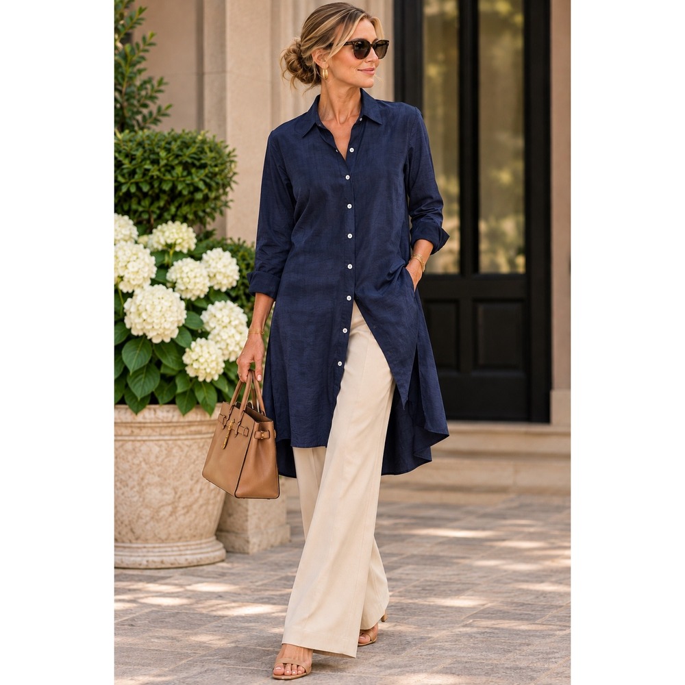 Silkland Navy Blue 100% Silk Slub Tunic Button Down Shirt Dress XL Longline Slit